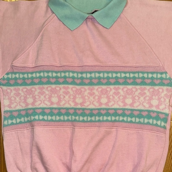 Vintage Gitano Collared Sweatshirt Teddy Bear Hearts Nordic Print M pink 80s - Picture 5 of 7